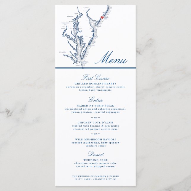 Atlantic City NJ Map Elegant Navy Blue Wedding Menu (Front)