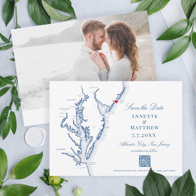 Atlantic City NJ Wedding Elegant Navy QR code Save The Date (These Atlantic City New Jersey save the dates with QR code are perfect for your destination wedding)