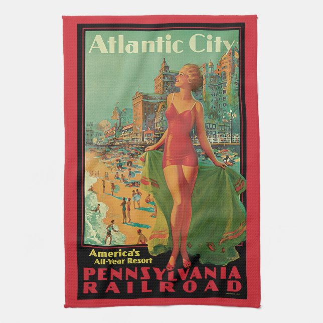 Atlantic City Resort, Pennsylvania Railroad Travel Kitchen Towel (Vertical)