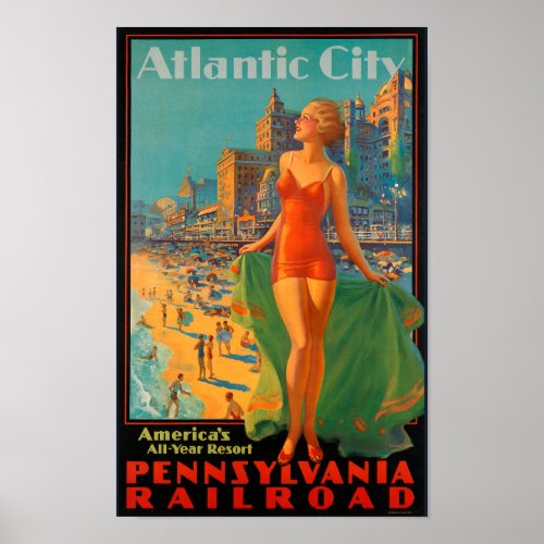Atlantic City Vintage Pennsylvania Rail Travel Poster