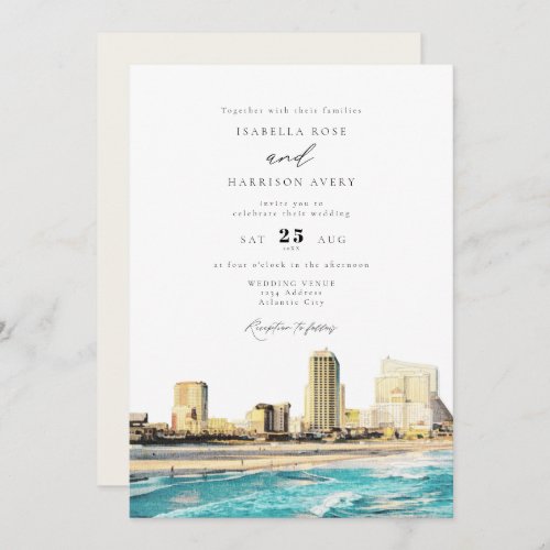 ATLANTIC CITY Watercolor Skyline Wedding Invitation