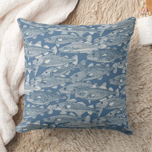 Atlantic cod cobalt denim throw pillow