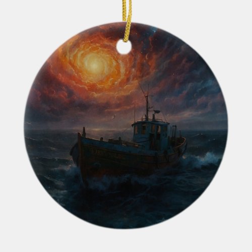 Atlantic Fishing Boat in a Storm Ceramic Ornament