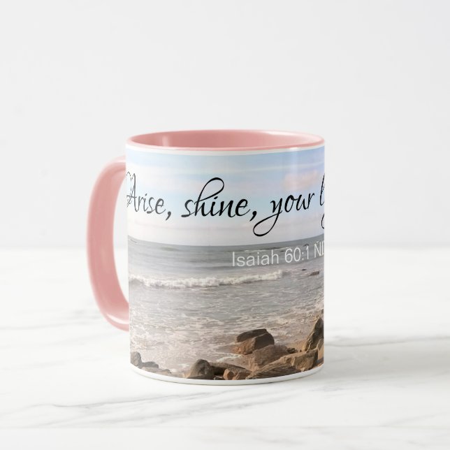 Atlantic Ocean Seashore Bible Verse Sea Waves Pink Mug (Front Left)