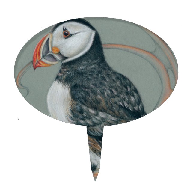 Atlantic Puffin Bird Art Drawing Cake Topper (Front)