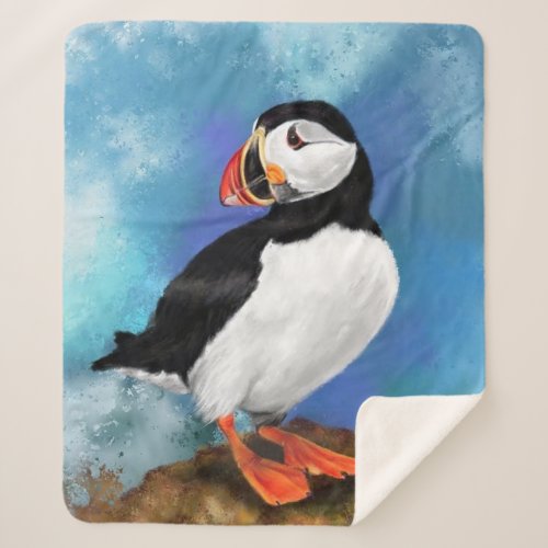 Atlantic Puffin Bird _ Clown Beak _ Painting Sherpa Blanket