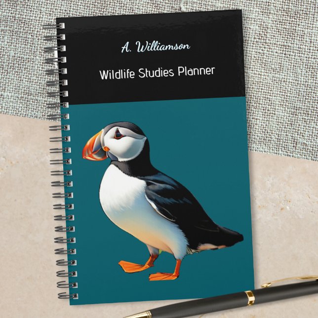 Atlantic Puffin Bird Wildlife Ocean Blue Custom Planner (A stylish spiral-bound planner with picture of an Atlantic puffin, and customizable name and title)