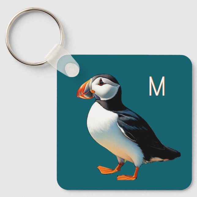 Atlantic Puffin Coastal Wildlife Bird Monogrammed Keychain (Front)
