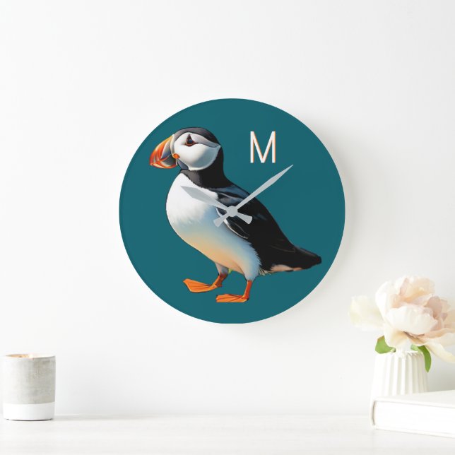 Atlantic Puffin Coastal Wildlife Sea Bird Monogram Large Clock (Home)