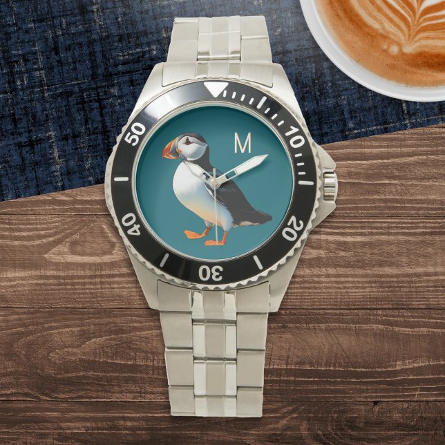 Atlantic Puffin Coastal Wildlife Sea Bird Monogram Watch (A stylish monogrammed watch with Atlantic puffin picture on an ocean blue background)