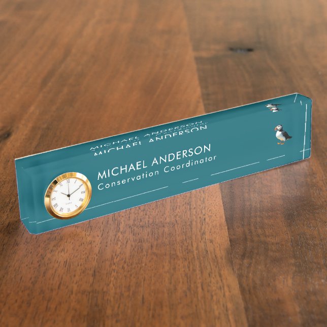 Atlantic Puffin Stylish Teal Personalized Desk Name Plate (Side)