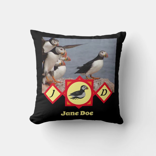 Atlantic Puffin Swimming  Monogram Photo Name Throw Pillow (Front)