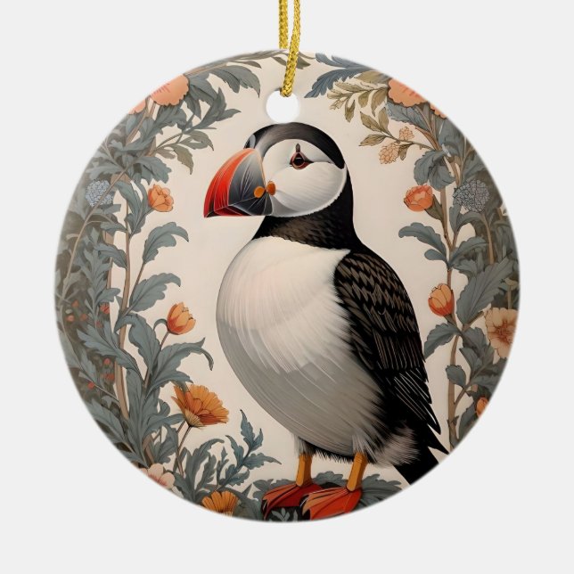 Atlantic Puffin William Morris Inspired Floral Ceramic Ornament (Front)