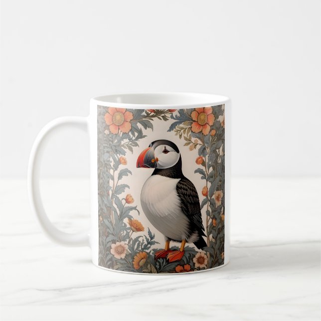Atlantic Puffin William Morris Inspired Floral Coffee Mug (Left)