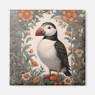 Atlantic Puffin William Morris Inspired Floral Magnet