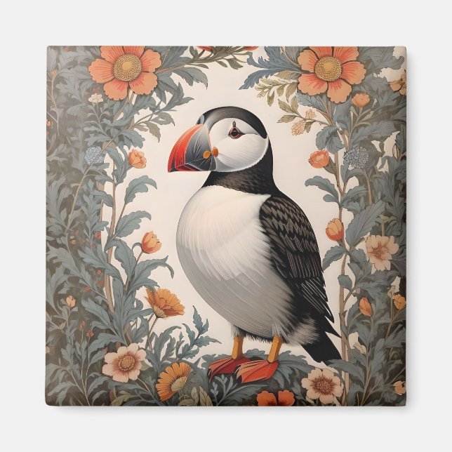 Atlantic Puffin William Morris Inspired Floral Magnet (Front)