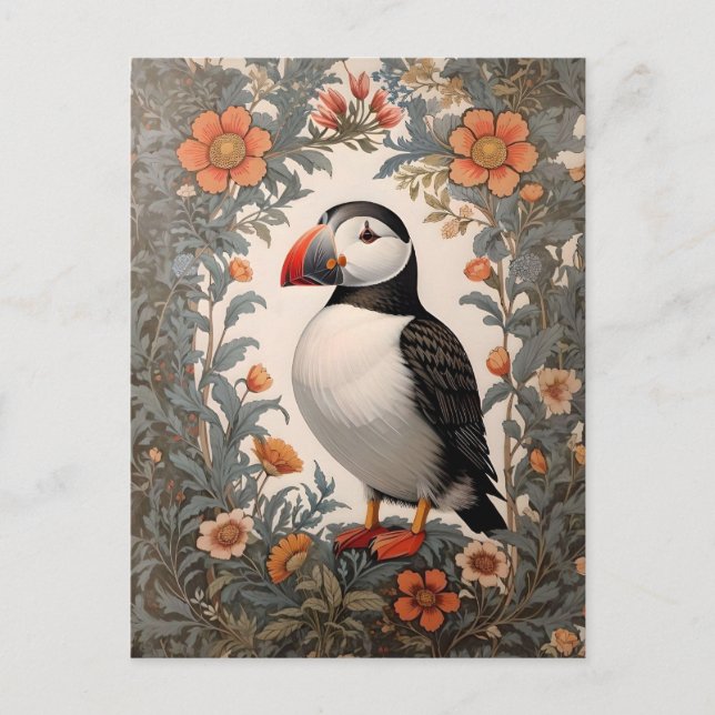 Atlantic Puffin William Morris Inspired Floral Postcard (Front)