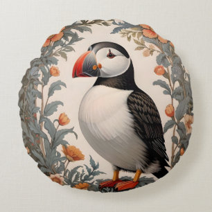 Atlantic Puffin William Morris Inspired Floral Round Pillow
