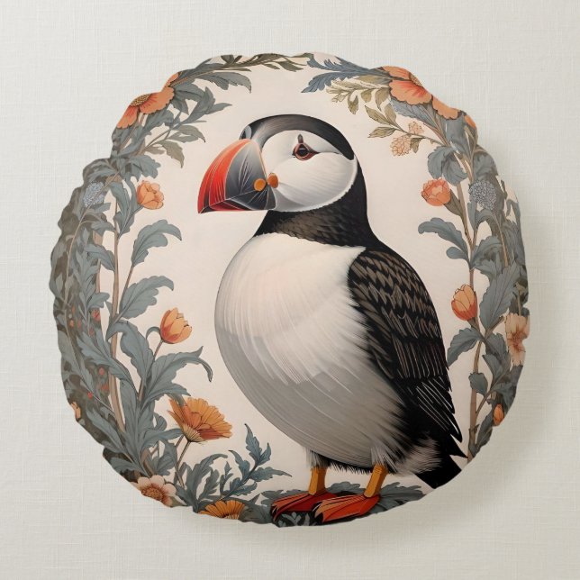 Atlantic Puffin William Morris Inspired Floral Round Pillow (Front)