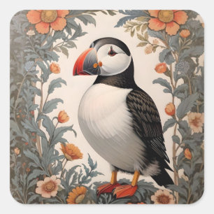 Atlantic Puffin William Morris Inspired Floral Square Sticker