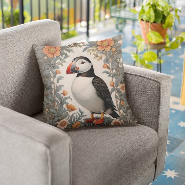 Atlantic Puffin William Morris Inspired Floral Throw Pillow (Creator Uploaded)
