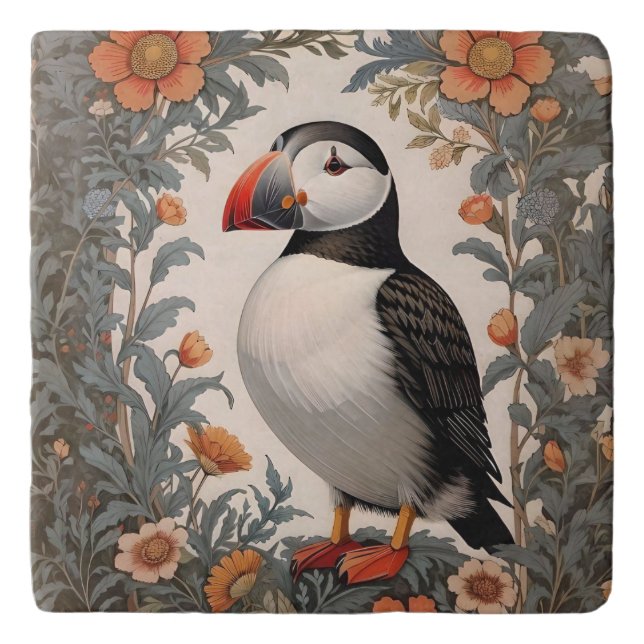 Atlantic Puffin William Morris Inspired Floral Trivet (Front)