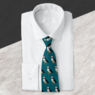 Atlantic Puffins Dark Ocean Blue Wildlife Pattern Neck Tie