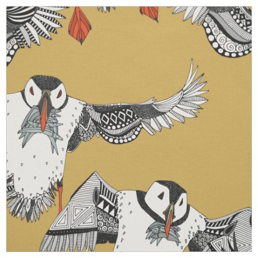 Atlantic Puffins gold Fabric