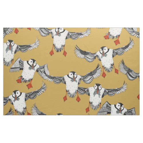 Atlantic Puffins gold Fabric