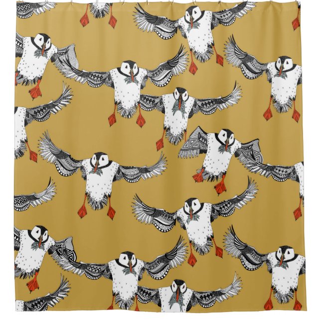 Atlantic Puffins gold Shower Curtain (Front)