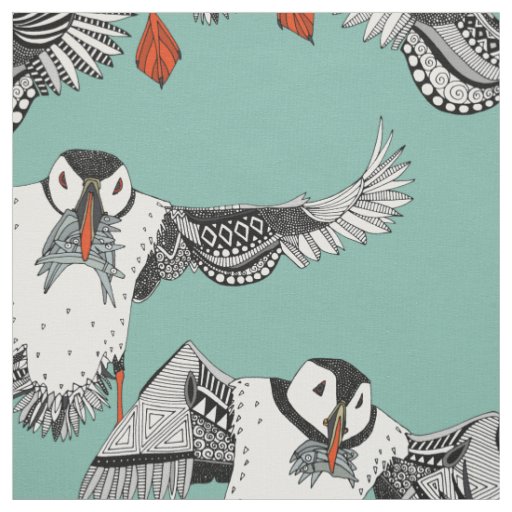 Atlantic Puffins mint Fabric