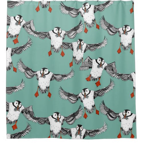 Atlantic Puffins mint Shower Curtain