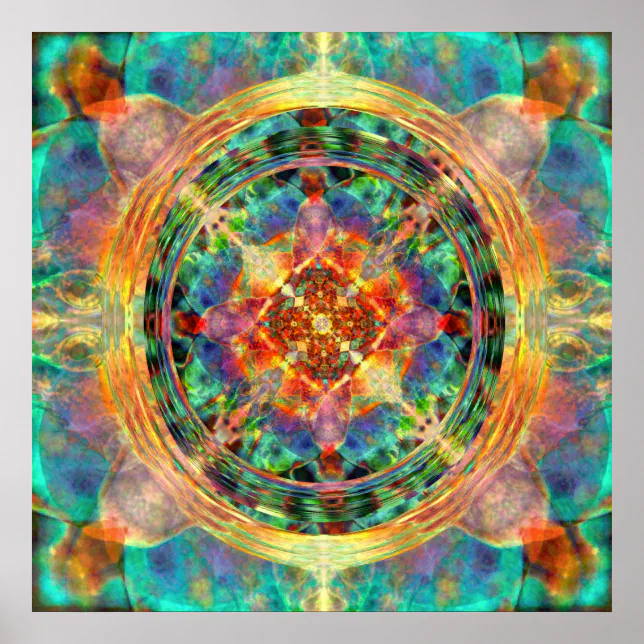 Atlantis inspired Rainbow Mandala Blue and Gold Poster | Zazzle