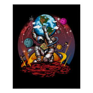 Atlas Astronaut Holding Earth Mars Galaxy Cosmic Poster