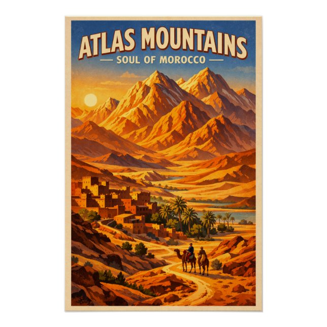 Atlas Mountains, Morocco, in a classic retro Poster (Front)