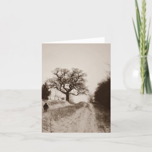 atmospheric country lane snow scene at christmas holiday card