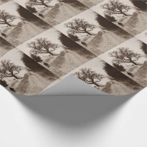 atmospheric country lane winter snow scene wrapping paper