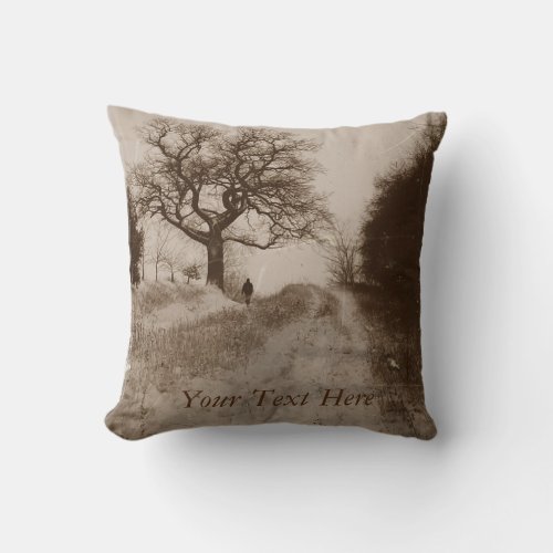 atmospheric photo of snow covered country lane throw pillow