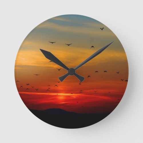 Atmospheric Sky sunset birds beautiful photo Round Clock