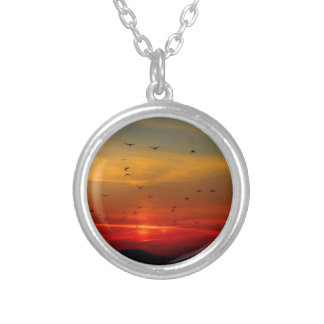 Atmospheric Sky, sunset, birds, beautiful photo Silver Plated Necklace