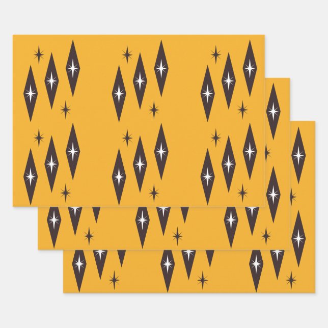 Atomic 1950’s Diamonds Pattern Orange Wrapping Paper Sheets (Set)