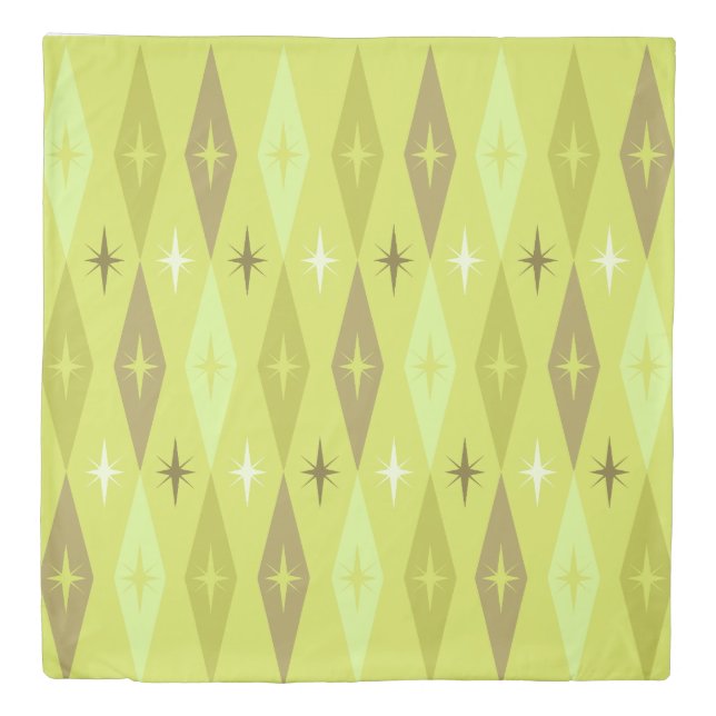 Atomic 1950’s Diamonds Stars Chartreuse Duvet Cover (Front)