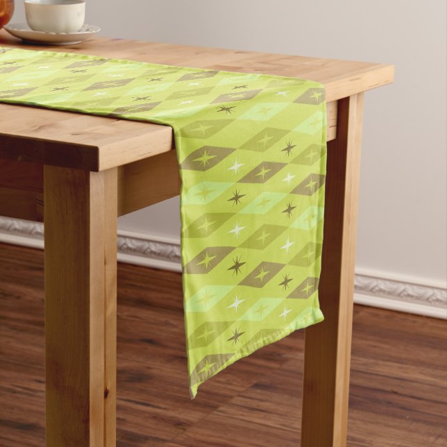 Atomic 1950’s Diamonds Stars Chartreuse Short Table Runner (In Situ)