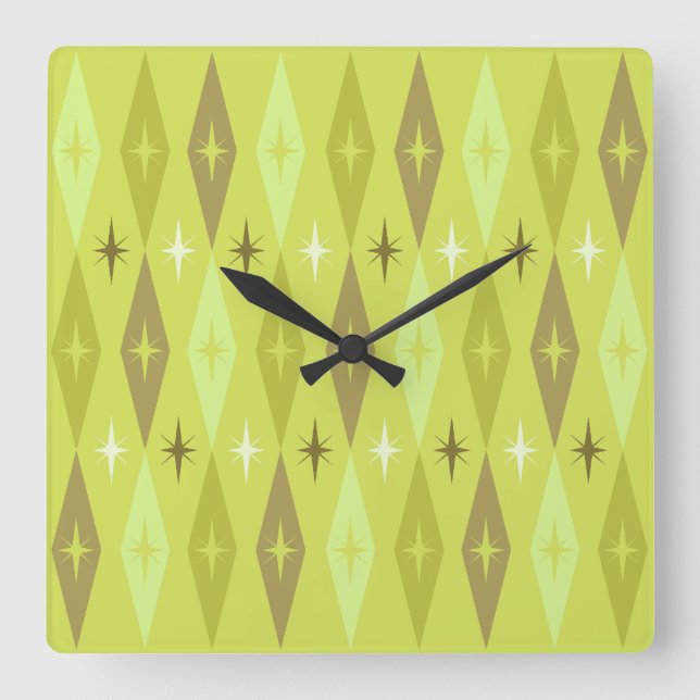 Atomic 1950’s Diamonds Stars Chartreuse Square Wall Clock (Front)