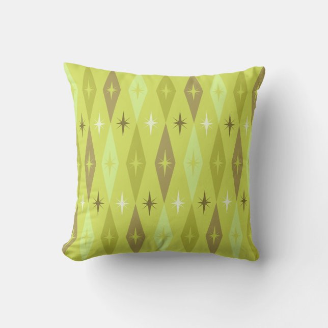 Atomic 1950’s Diamonds Stars Chartreuse Throw Pillow (Front)