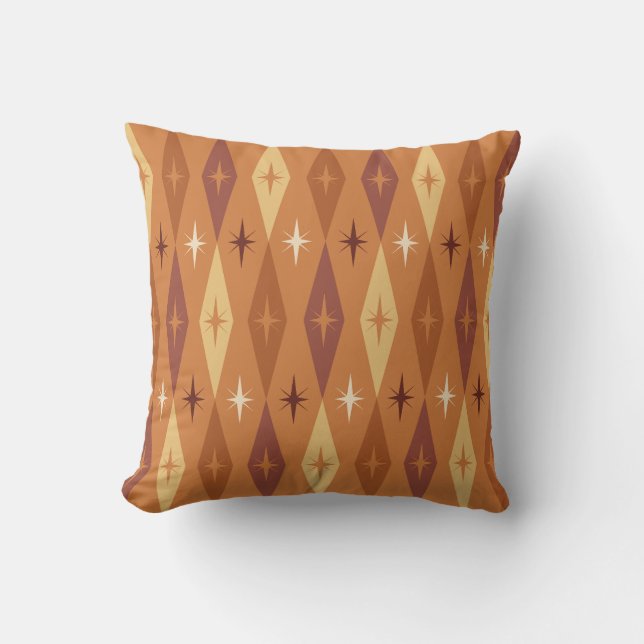 Atomic 1950’s Diamonds Stars Orange Throw Pillow (Front)