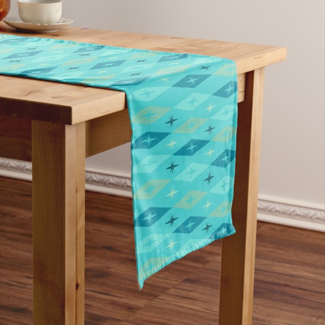 Atomic 1950’s Diamonds Stars Turquoise Short Table Runner (In Situ)