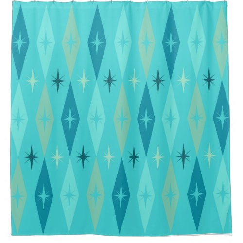 Atomic 1950âs Diamonds Stars Turquoise Shower Curtain