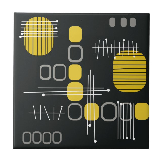 Atomic Abstract Barkcloth Black Yellow Ceramic Tile (Front)