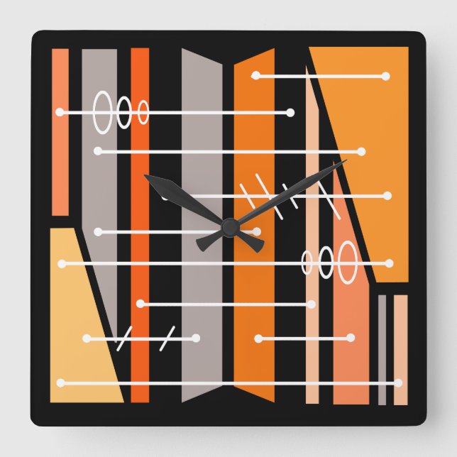 Atomic Abstract Geometric Art Black Orange Square Wall Clock (Front)